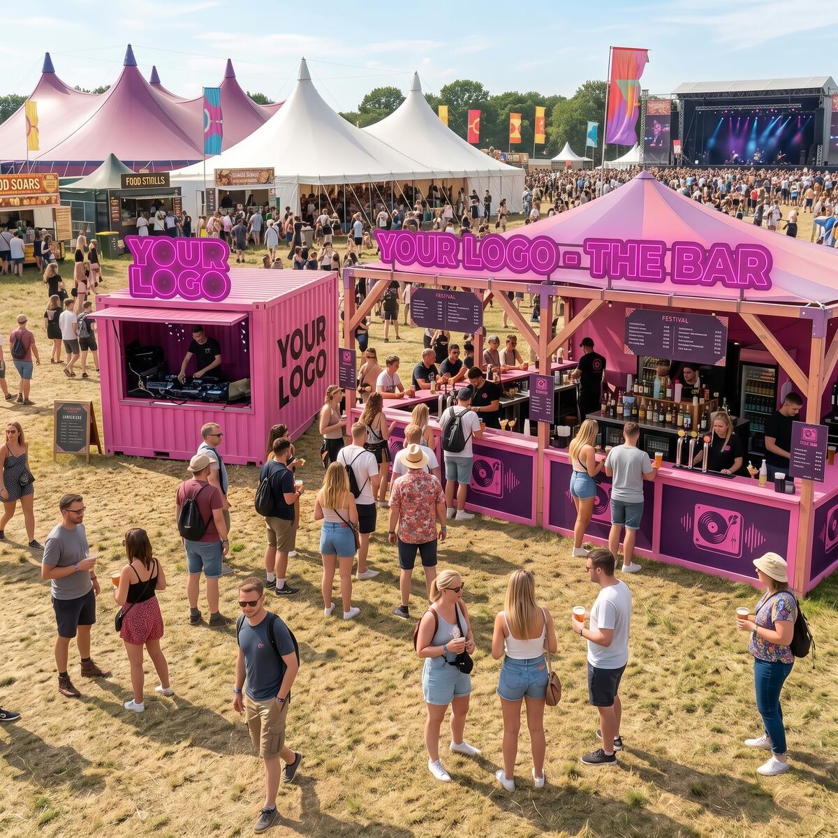 Aerial view of a crowd gathering around branded booths at a festival