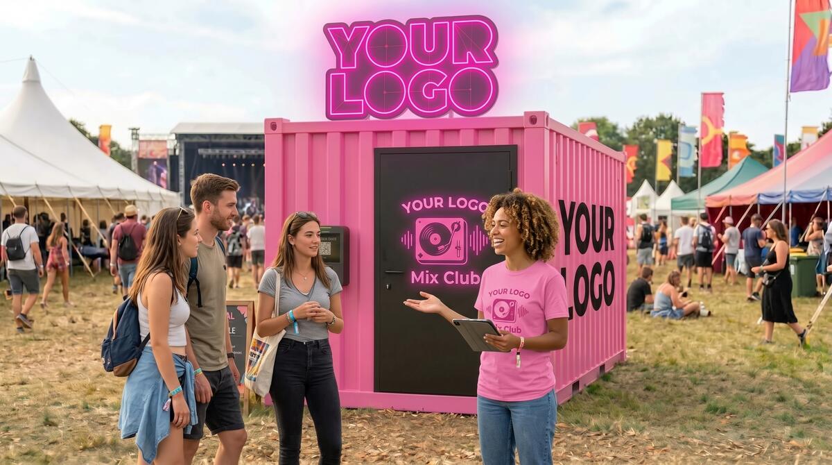 A pink branded MixClub booth at a festival with a host greeting visitors