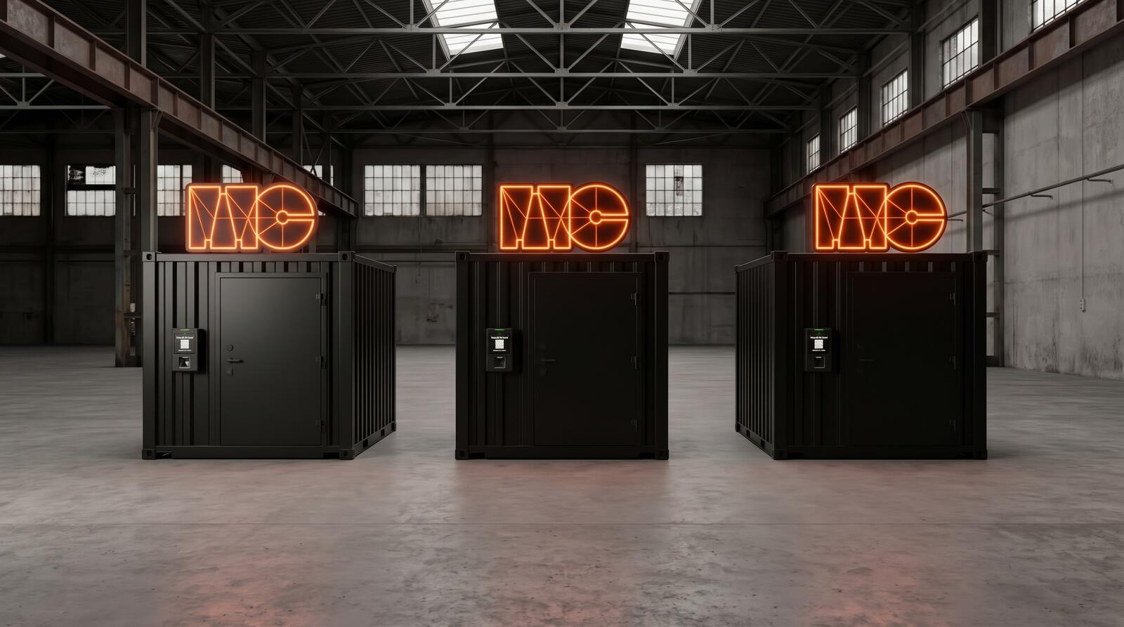 Three black MixClub booths in a warehouse, each with a neon MC sign