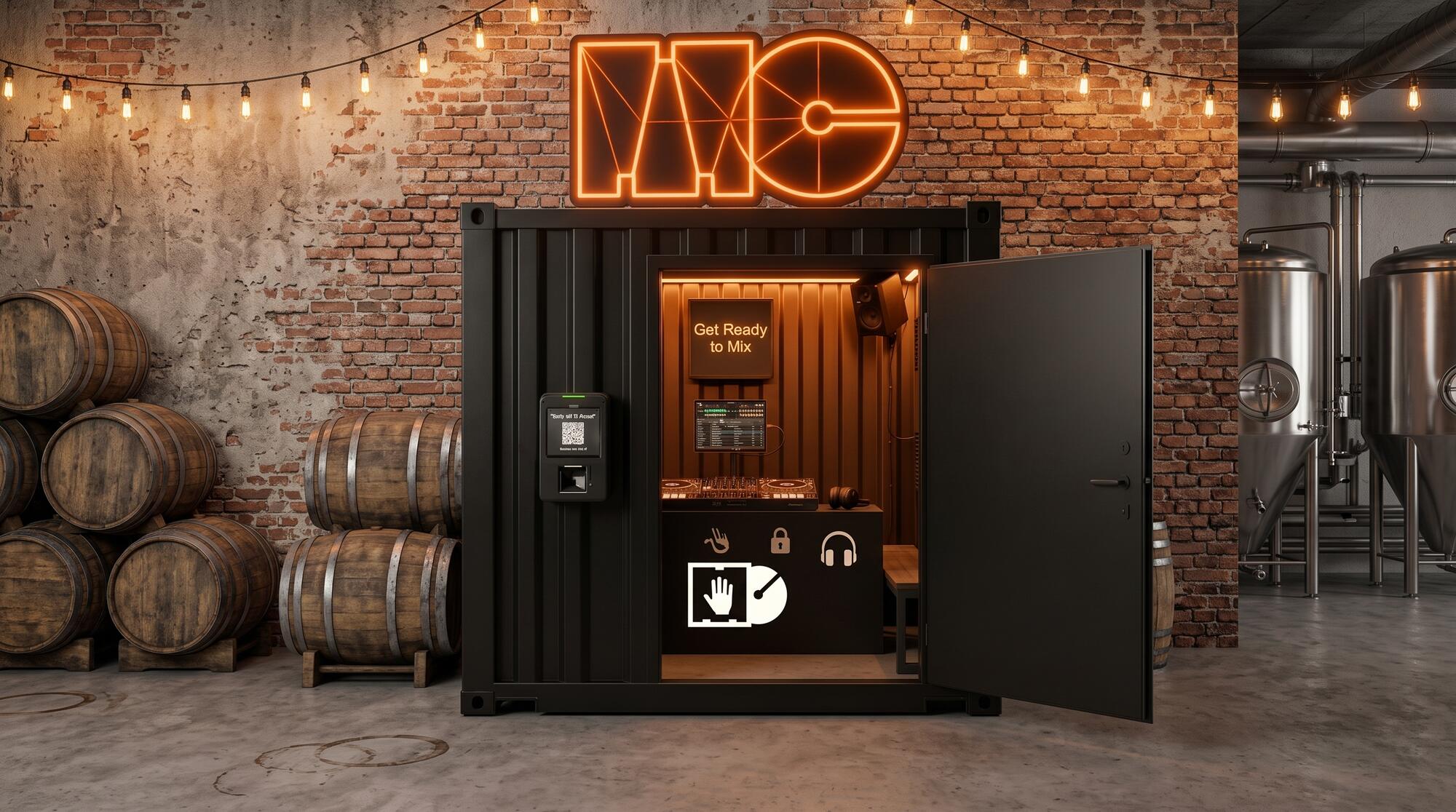 A black MixClub booth in a brick-walled bar, door open, with the orange neon MC sign glowing above it