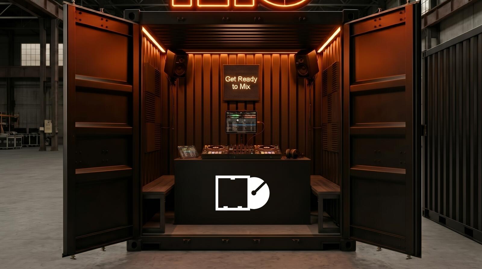 Inside the booth: wood-panelled walls, warm lighting, a screen reading Get Ready to Mix above the decks