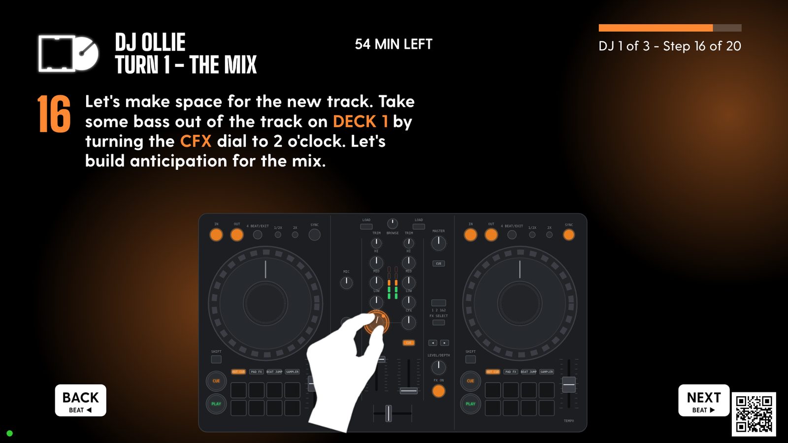 The MixClub guide on the booth screen: step 16 tells DJ Ollie to turn the CFX dial on deck 1, and an animated hand turns it on a drawn controller