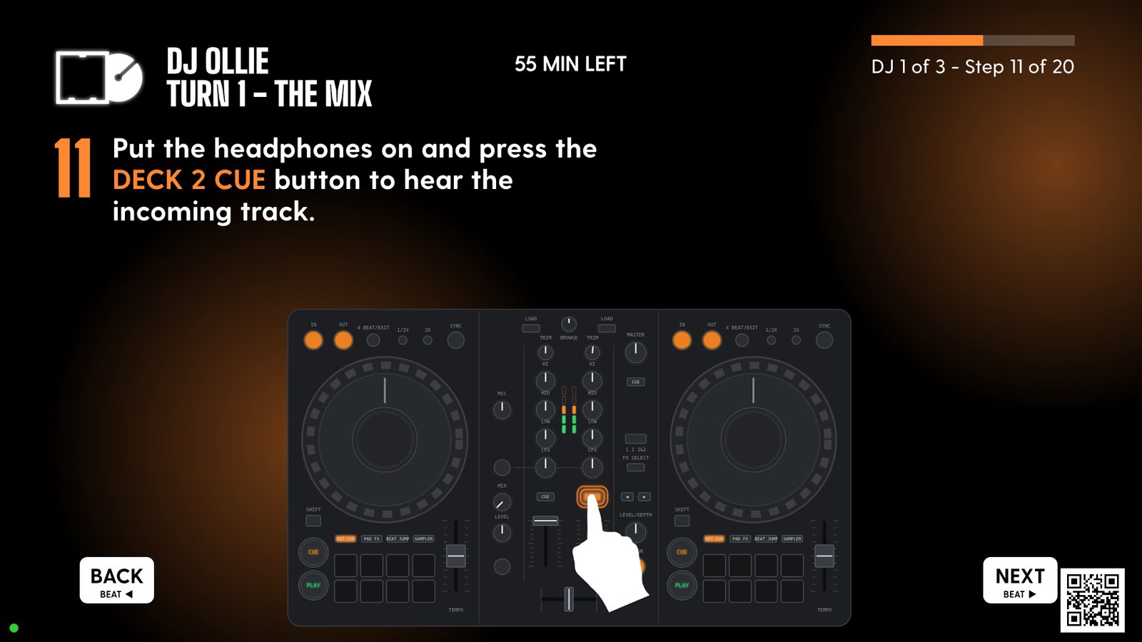 Step 11: an animated hand presses the deck 2 cue button