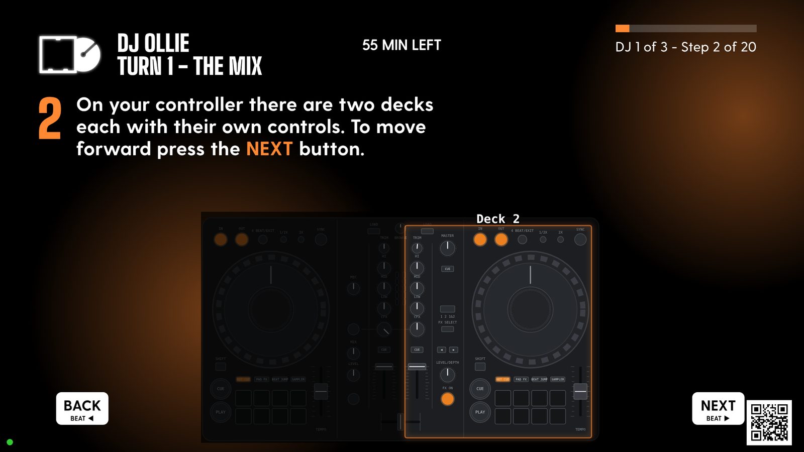 Step 2: the left half of the drawn controller is outlined and labelled Deck 2