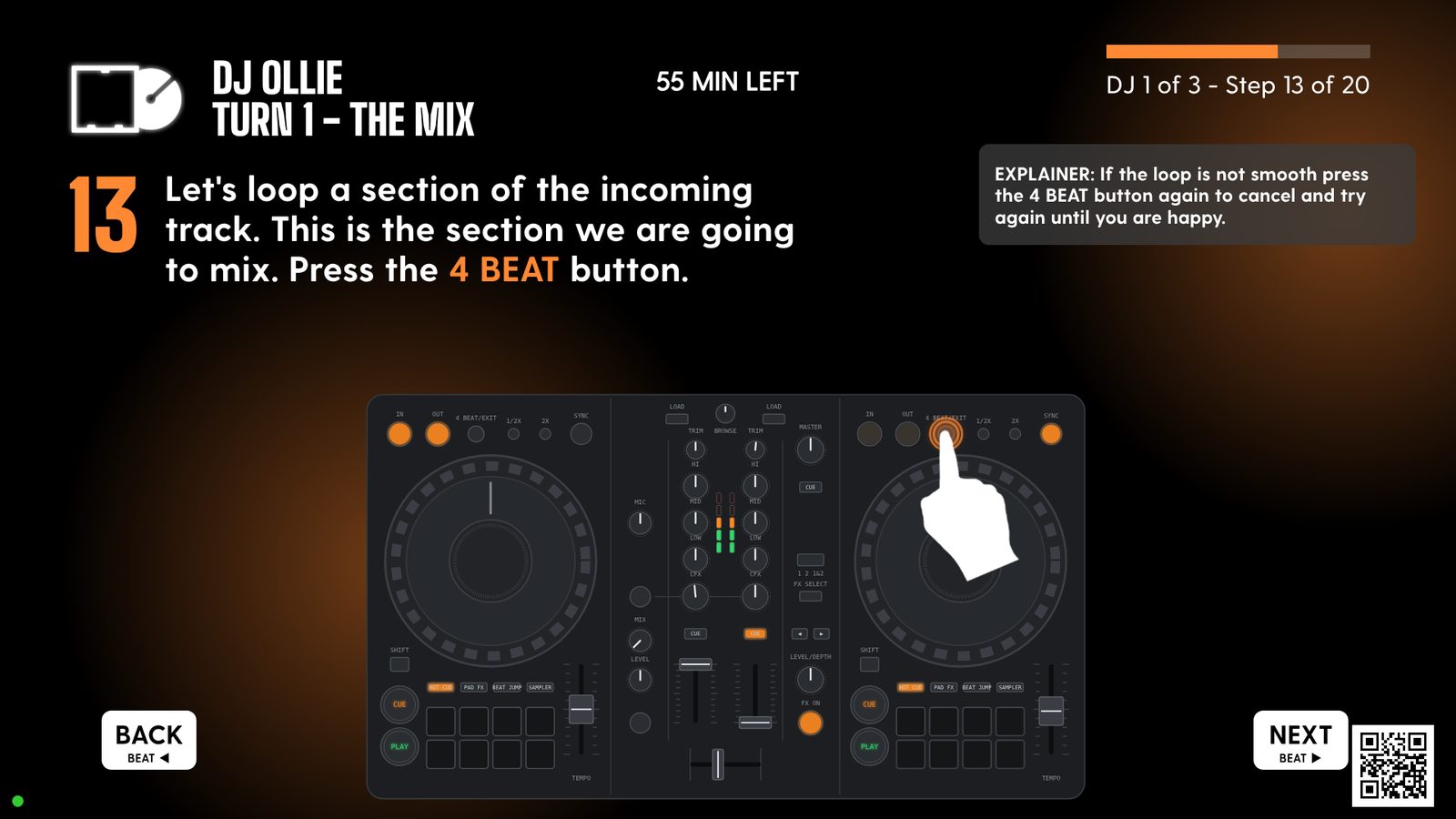 Step 13: a hand presses the 4 Beat loop button, with an explainer box in the corner