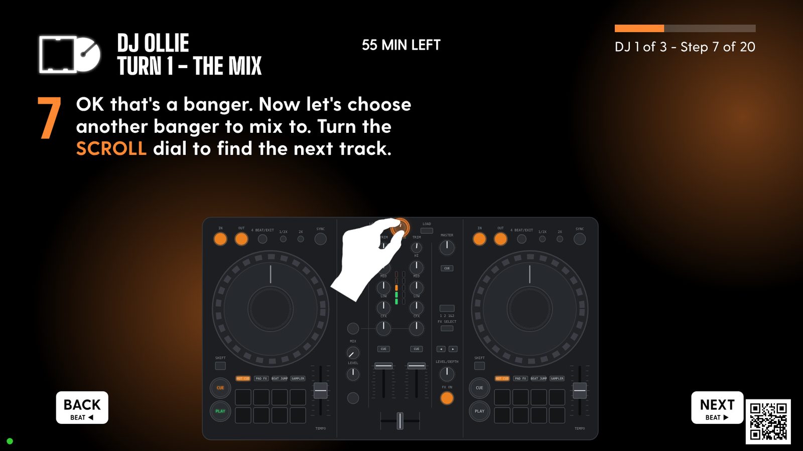 Step 7: an animated hand turns the scroll dial to choose the next track